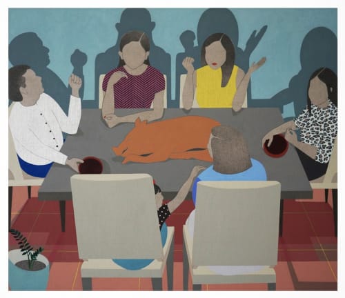 Jeffly Gabriela Molina Cena Familiar en Celebracion de la Caida de Maduro, 2017 Oil and graphite on linen 48” x 56”