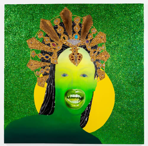 Devan Shimoyama Akasha, 2021 Oil, colored pencil, glitter, acrylic, costume jewelry, rhinestones, and collage on canvas stretched over panel 72 x 72 x 1.3 in 182.9 x 182.9 x 3.2 cm