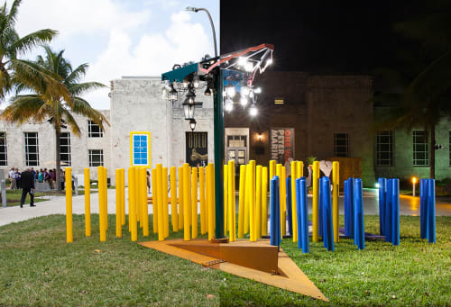 Jessica Stockholder Angled Tangle, 2014 Steel, aluminum, auto paint, light fixtures, plastic bollards, gravel Site Specific Installation 40 x 20 x 12 ft 12.2 x 6.1 x 3.6 m