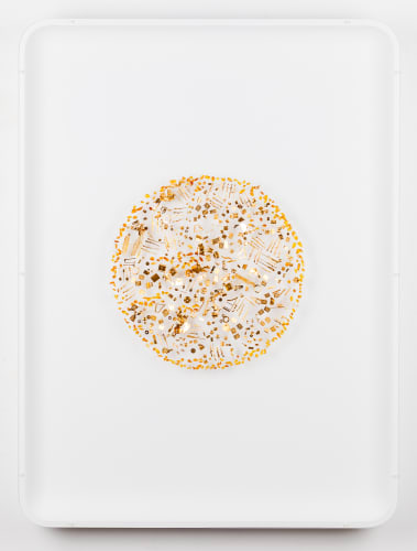 Glenn Kaino In Search of a New Model (Photosphere), 2016 Gold, amber, quartz, steel pins, plastic, foam, Plexiglas, and paint 48 x 36 in 121.9 x 91.4 cm