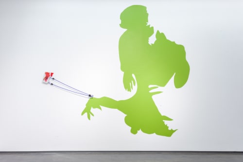 Jessica Stockholder C2B - see to be: including a Specific Shape and a fixed Object, 2021 Casing from a hard drive, hardware, resin, oil paint, bungee cords and wall paint Fixed Object: 11 x 5 x 2 inches, plus two 42” bungee cords. Specific Shape: variable ( not less than 5 feet high.)