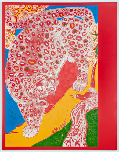 Kour Pour White Tiger of the West, 2020 Block printed on canvas with acrylic and oil 94 x 73 x 2 in 238.8 x 185.4 x 5.1 cm