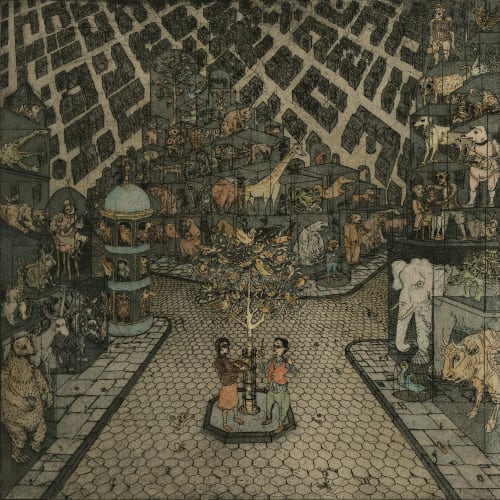 Robert Powell At Dusk we use the Serinette to teach the Birds to Sing (or The Twilight Chorus in the Mechanical Menagerie, th eAutomatic Aviary, the Clockwork zoo) etching and watercolour 30cm x 30cm Series: from A Universal History of Iniquity