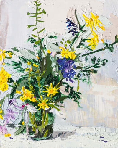 Iona Roberts Garden Weeds study, 25th April, 2024 oil on board 25cm x 20cm (28.5cm x 23.5cm framed)