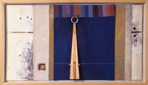 Marcelo Bonevardi Angel’s Habitat I, 1975 Acrylic on stitched burlap and wood construction with textured substrate, polished wood assemblage with casted lead 35.5 x 63.5 cm 14 x 25 in
