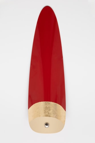 Makiko Harris Creme + Gold on Cherry Half Moon Nail, 2025 acrylic, gold and silver leaf, powder coated aluminium, metal handbag foot, 3d printed bracket 50 x 18 cm