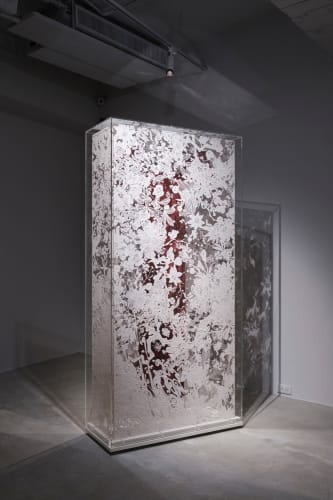 大卷伸嗣 《迴響- 水晶計畫 紅色洋裝》Echoes Crystallization-Red Dress, 2014 修正液、壓克力、色粉、衣料 Correction fluid, acrylic box, pigment and clothes 197.8x99.8x38.8 cm