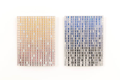 Jane Lackey Blue/Sienna, 2020 acrylic, layered cut over solid kozo paper 11.8 x 21.5 in. (diptych)