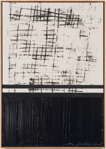 Søren Sejr, Comp. Black / Strange grid top, one line acrylic, one block gel with heavy vertical brushstrokes bottom, 2025