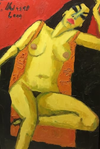 Gernot Kissel (1939-2008) Reclining nude with open orange shirt in black chair 120x80cm.