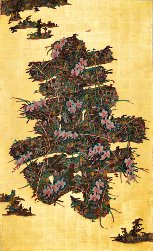 曾霆羽 Ting Yu Tseng 三仙島(字島-壽)Three Immortals Island (Inscribed with ‘Longevity’), 2024 紙本設色、金箔、礦物 Ink and colors on paper, gold foil, mineral pigments 201 × 122.5 cm