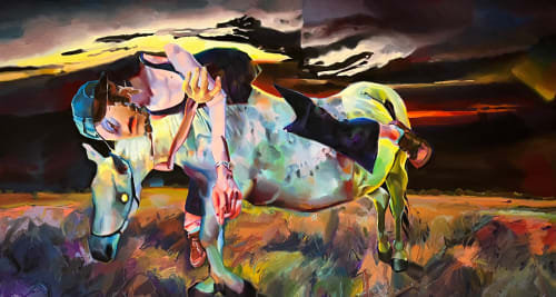 Rose Haserodt figure with a drooping braid, 2024 soft pastel on paper 48 x 88 in 121.9 x 223.5 cm