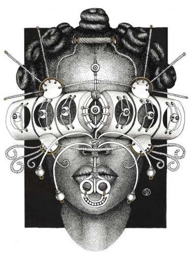 Data Oruwari Egungun - Oya, 2016 Pen & Ink, Graphite and Gold Ink on Archival Paper 50 x 63.5 cm
