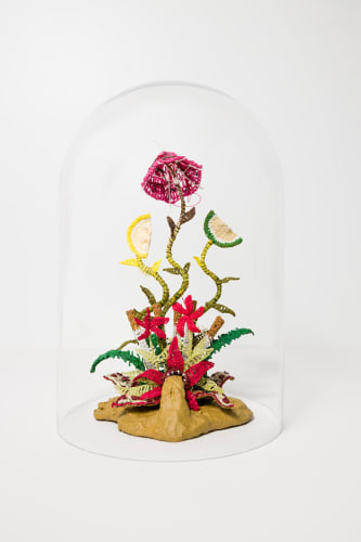 Caitlin McCormack I Came Here To Try To Have A Good Time, 2025 hand-crocheted cotton string, glue, flashe, wire, plaster, glass display cloche 14 x 7 1/2 x 7 in 35.6 x 19.1 x 17.8 cm
