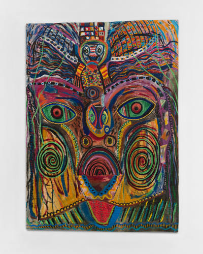 Pacita Abad Faces, 1983 Oil, plastic buttons, and rick rack on stitched and padded canvas 79 1/2 x 57 3/4 in 201.9 x 146.7 cm