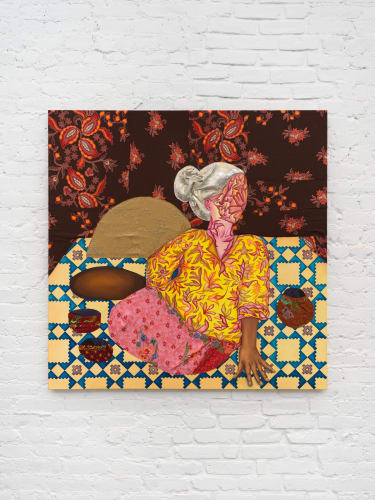 Azzah Sultan You’re unreliable, you couldn’t save some for me?, 2021-22 Oil and hand stitched fabric on canvas 48 x 48 in. (121.92 x 121.92 cm.)