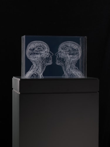 Head of the Artist  Angela Palmer  Based on MRI scans undertaken by Professor Stephen Golding at the John Radcliffe Hospital, Oxford, hand engraved on 14 Mirogard glass sheets  Bespoke slatted base lit from below on plinth with perspex lid  Series of 4  Edition of 4