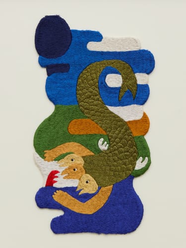 Woo Jin Joo. Three-headed Fish (Series: Water Deities), 2025. Viscose embroidery thread. Embroidery: 35.5 x 19.7cm. Frame: 52 x 42cm