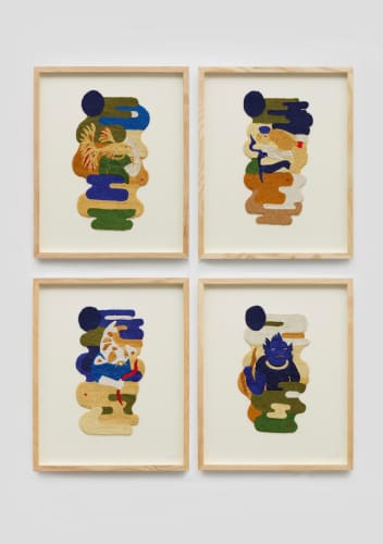 Woo Jin Joo. Water Deities, 2025, ‘The Koi’, ‘The Stone Fish Man’, ‘The Fighter Fish Man’ and ‘The Humphead’. Image courtesy ai. gallery and the artist