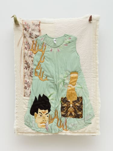 Ancestress, 2025, Viscose thread embroidery, textile, wadding, and ceramic Ceramic (left): 27 x 8 x 8c Ceramic (right): 26 x 9 x 9cm Textile: 112 x 81cm. Courtesy of ai. and the artist