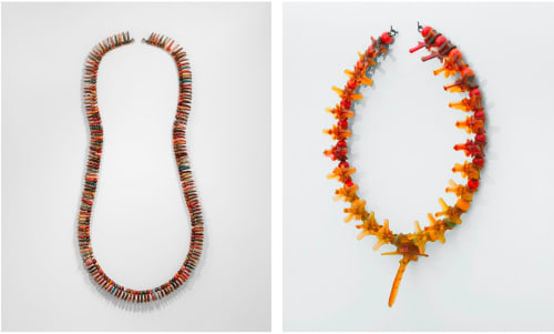 left: Raptor Rougher, 2022, earthenware, vitreous china, steel, and rubber. right: O’Keeffe’s Leis, 2021, glass, earthenware, steel, rubber, and mixed media