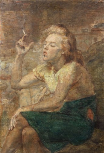 Isabel Bishop (1902-1988) 'Blowing Smoke Rings', 1938, signed at lower right: Isabel Bishop, oil on panel, 20⅛ x 14⅛ inches (51.1 x 35.9 cm)