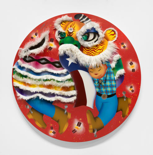 Loc Huynh Lion Dancers (Texas Style), 2023 acrylic, enamel, and faux fur on canvas over panel 48 x 48 in (121.9 x 121.9 cm)