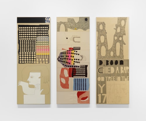 Shaun O'Dell Boone Ruin 1,2,3, 2021 ink and gouache and acrylic ink on paper mounted on canvas over panel, triptych 59 x 71 x 1 in (149.9 x 180.3 x 2.5 cm) overall 59 x 22 1/2 x 1 in (149.9 x 57.2 x 2.5 cm) each panel