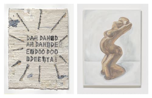 Left: Jamal Cyrus, "Bop is a Spaceship Melody" (2025); Right: Francesca Fuchs, "Stretching Woman (wood)," (2024)