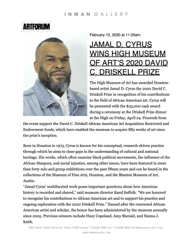 JAMAL D. CYRUS WINS HIGH MUSEUM OF ART’S 2020 DAVID C. DRISKELL PRIZE