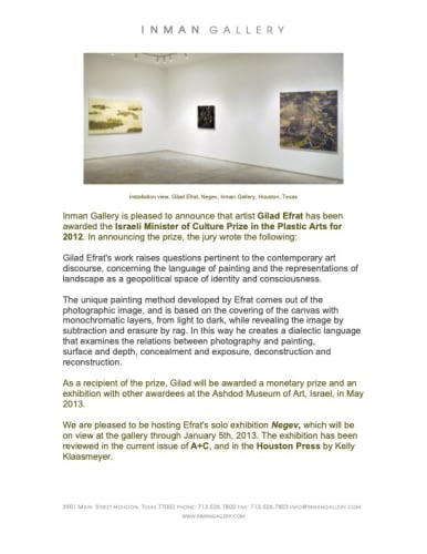 Efrat awarded Israeli Minister of Culture Prize in the Plastic Arts, 2012