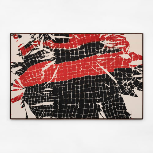 Maia Ruth Lee, “B.B.L Red Umbra 1-41” (2023), India ink on canvas, 80 3/4 x 130 3/4 x 2 inches (framed) (photo by Charles Roussel)