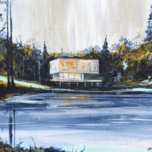 John Hainsworth, Lakeside Retreat 2, acrylic on board, 15 x 15 cm, 2025