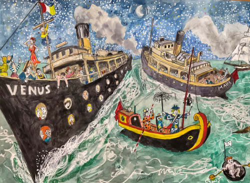Chris Orr, Ships that pass in the night', detail, watercolour and pencil on paper, 36 x 101 cm 2025