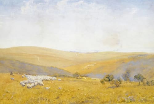 Robert Thorne Waite classic watercolour of peaceful Sussex Downs on warm summer day with sheep grazing in the foreground - colours are soft golds, greys and greens on few bushes.