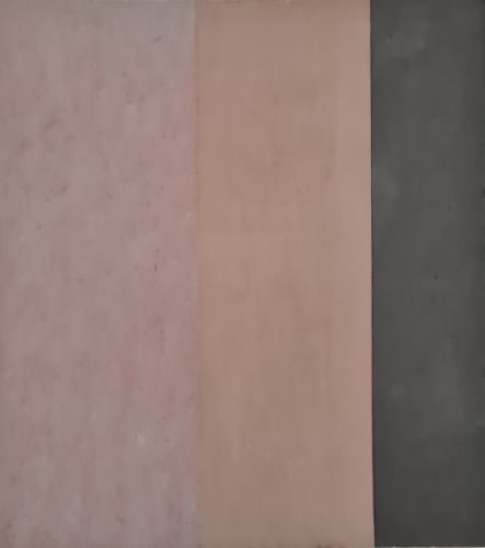 Yuko Shiraishi Contemporary Oil on Canvas titled Between showing three vertical stripes of differing widths, soft shades and textures, the stripe far right being the darkest and smoothest, textures are akin to rough suede.