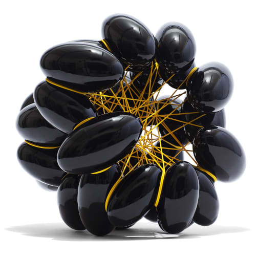 Steen Ipsen - Ellipse 20-2022. Black glazed ceramics with yellow PVC. H 38 x W 40 x D 37 cm (Photo Jeppe Gudmundsen-Holmgreen)