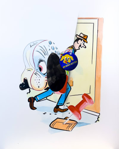 man walking through a door with a dog drawing