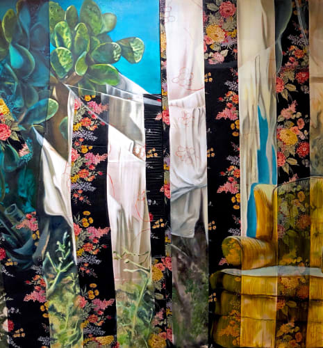 collaged elements of textile painted over