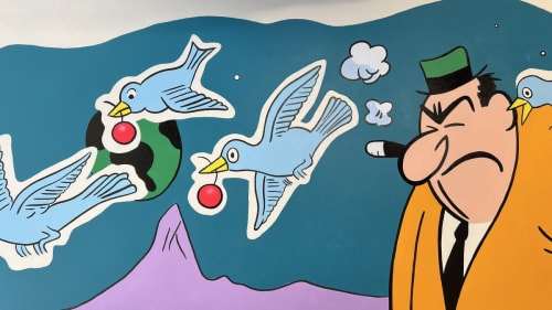 painting of cartoon male from the 50's and cartoon birds as social commentary