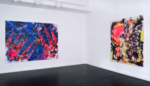 installation view of two paintings by Rush Baker