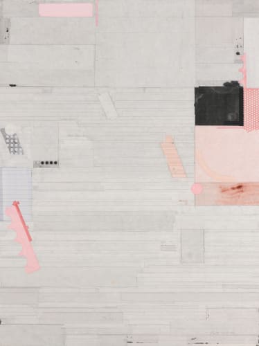 Liang Quan's painting of grey background with pink and black squares and shapes