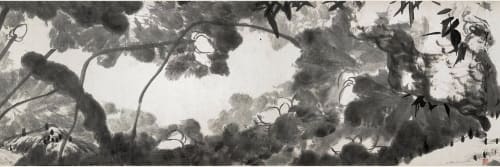 A black and white ink painting of a lotus flower and a leaves