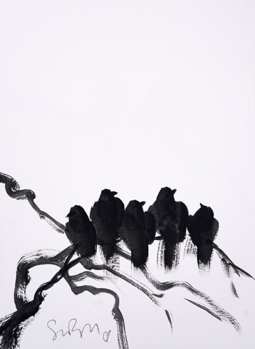 5 Birds on a Branch Acrylic on Paper Simon Bull 15x11