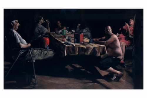 Tony Shore. Booper's Table, acrylic on velvet, 42 x 72 inches.