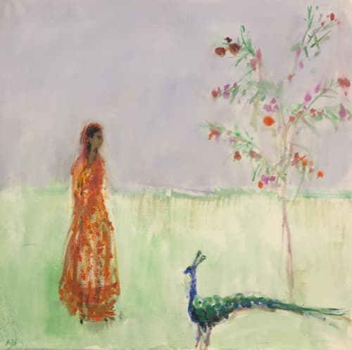 Lady in Orange Sari and Peacock