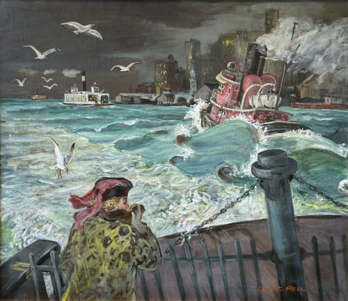 woman looking at tugboat at nyc