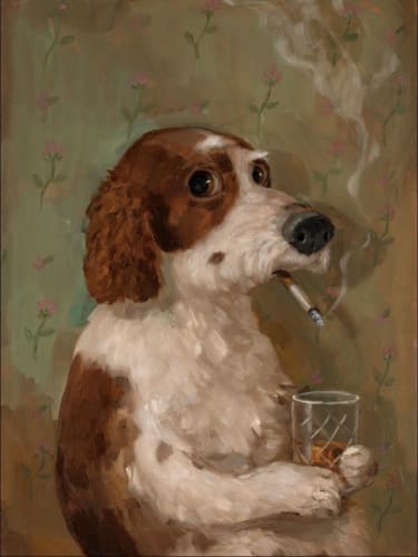 Alison Friend - painting of a dog holding a whiskey tumbler and smoking a cigarette