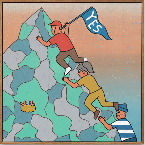 Painting of people climbing a mountain by Jun Oson