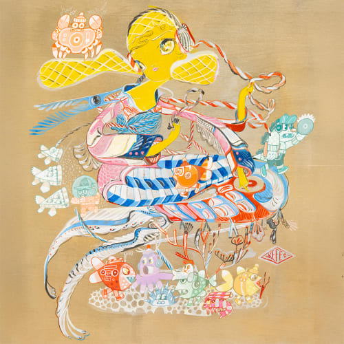 Colorful painting of a mermaid surrounded by fish and other colorful creatures by artist KeFe.